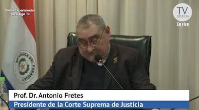El presidente de la Corte, Antonio Fretes, durante su intervención ante la plenaria del 12 de julio del 2022.