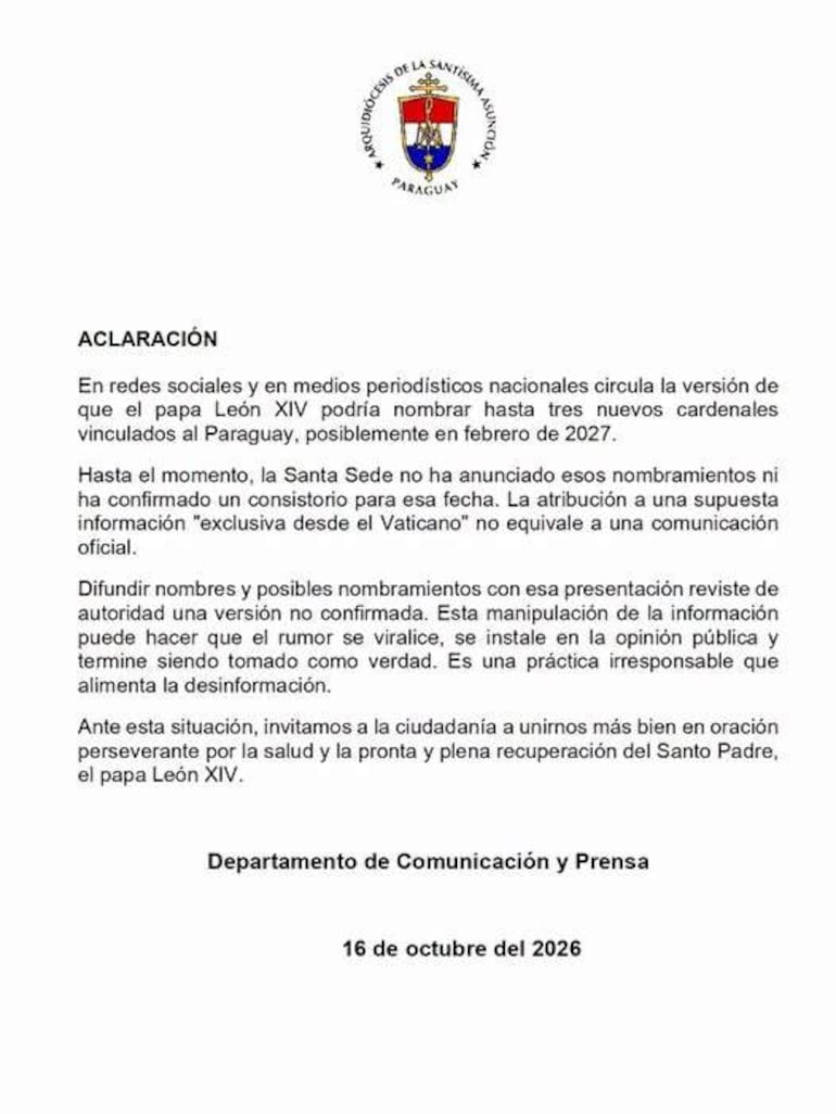 Documento oficial de la Arquidiócesis de Asunción con texto sobre rumores de nombramiento de cardenales.