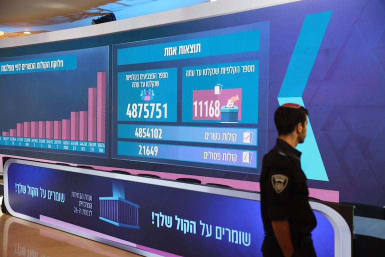 Una pantalla muestra estadísticas de la elección israelí en la sede de la Comisión Electoral Central de Israel, en Jerusalén.