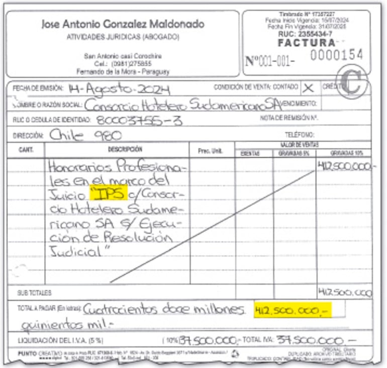 Factura que emitió el exdirector jurídico del IPS José González Maldonado por los G. 412 millones.