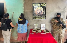 Mujer con saco negro sobre la cabeza rodeada por agentes con chalecos tácticos y un hombre armado, en un ambiente de vivienda precaria.