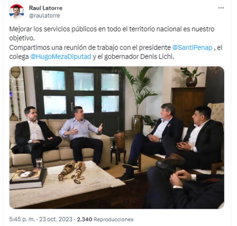 Raúl Latorre posteo que se reunió con Santiago Peña el 23 de octubre.