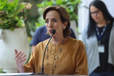 La titular de la Secretaría de Seguridad Alimentaria y Nutricional en Guatemala (SESAN), Mireya Palmieri, habla en la presentación del informe de la Clasificación Integrada de las Fases de la Seguridad Alimentaria (CIF) este viernes, en Ciudad de Guatemala (Guatemala).