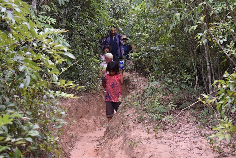 Los niños y los dos docentes de la institución escolar todos los días se movilizan por un angosto y peligroso camino  ubicado en medio de un monte para llegar a la escuela