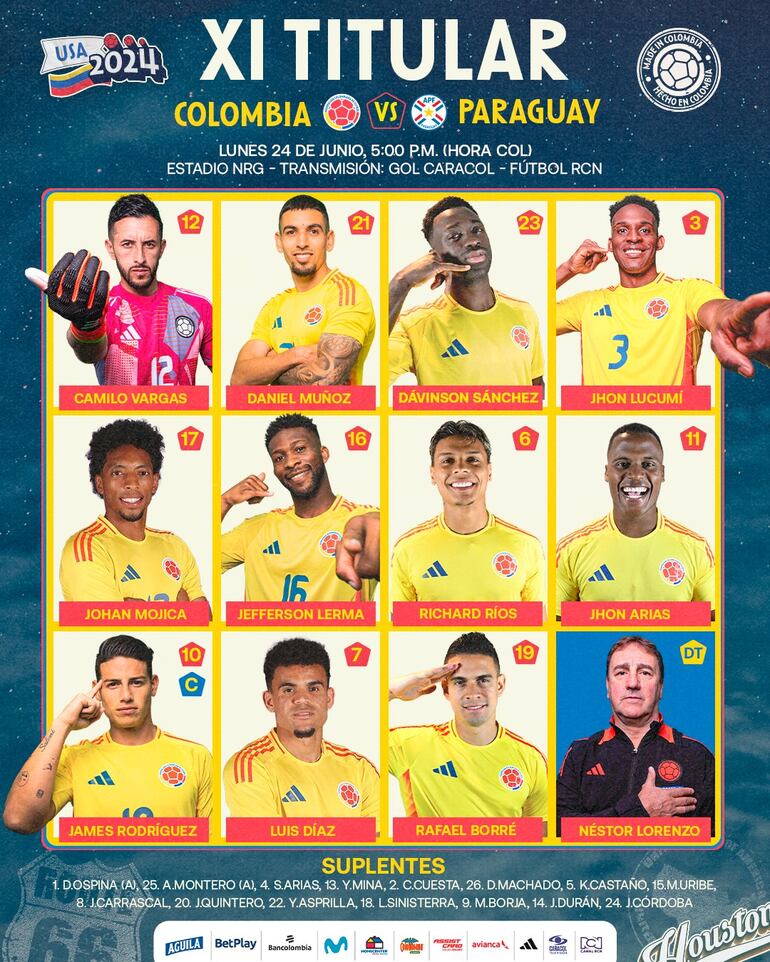 La formación de Colombia vs. Paraguay.