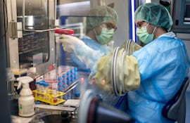 Un analista biomédico trabaja en el centro de producción celular del Hospital Universitario de Lausana (CHUV), en Epalinges, sobre Lausana, el 13 de enero de 2026. El centro de producción celular del Hospital Universitario de Lausana trabaja a pleno para cultivar nueva piel destinada a sobrevivientes con quemaduras graves tras la tragedia del incendio en un bar durante Año Nuevo en Suiza.