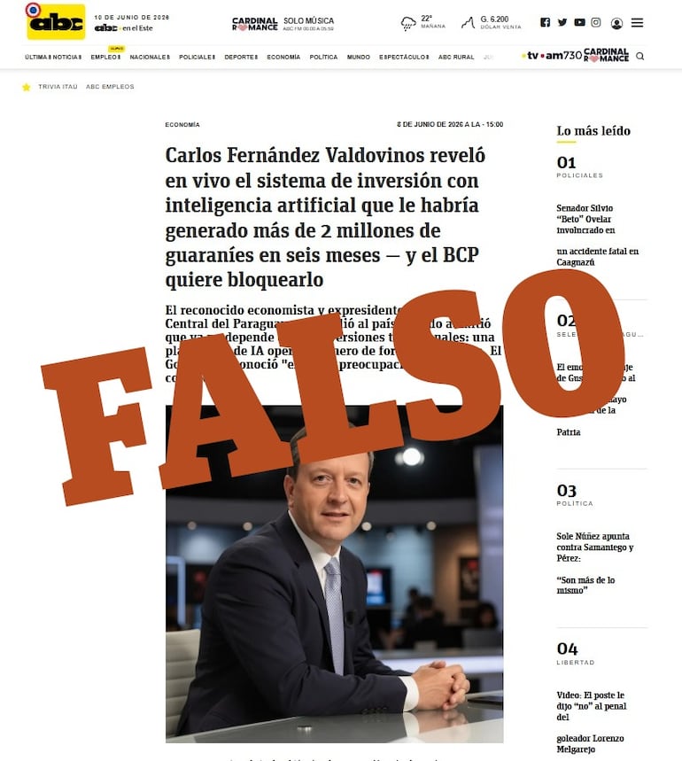 Alerta con presunta estada utilizando diseño colores y características de la página web de ABC Digital.