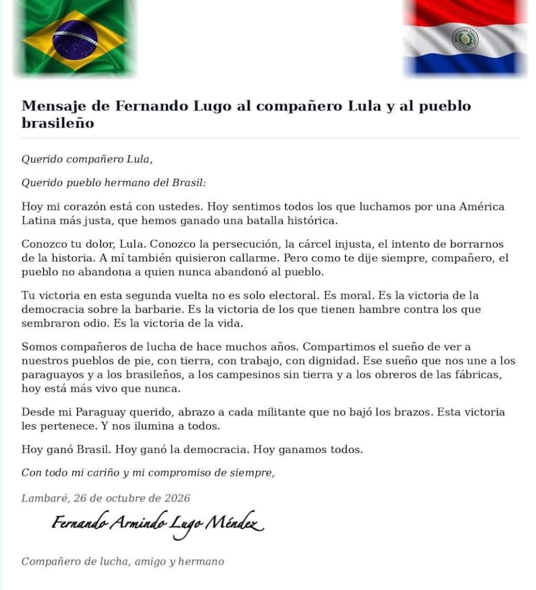 Documento con mensaje de apoyo de Fernando Lugo a Lula Da Silva, con banderas de Brasil y Paraguay en la parte superior.