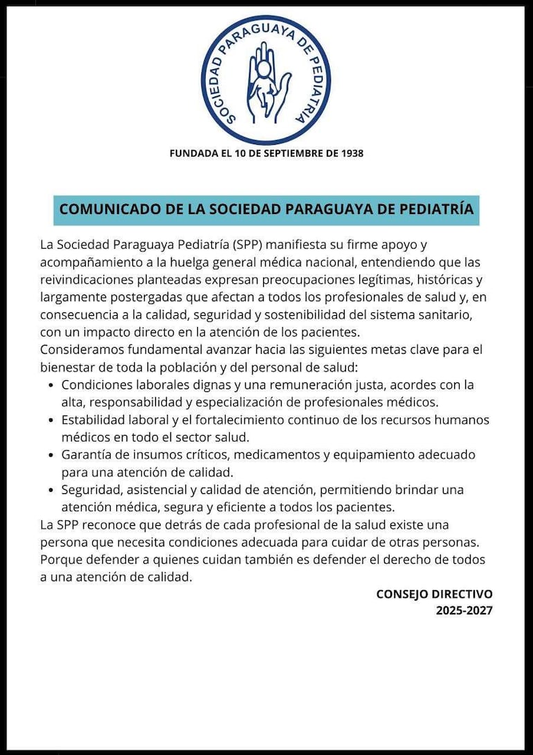 Comunicado de la Sociedad Paraguaya de Pediatría con encabezado, texto sobre apoyo a huelga médica y reivindicaciones laborales.