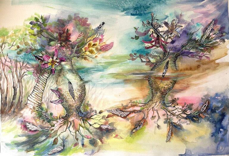 Pintura abstracta de Maria Gloria Echauri, con árboles estilizados y colores vivos creando un paisaje onírico.