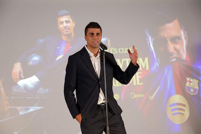 El futbolista internacional español Rodri habla durante su presentación oficial como nuevo jugador del FC Barcelona el 18 de agosto de 2026 en Barcelona. El Barcelona anunció el fichaje de Rodri procedente del Manchester City hasta 2030.