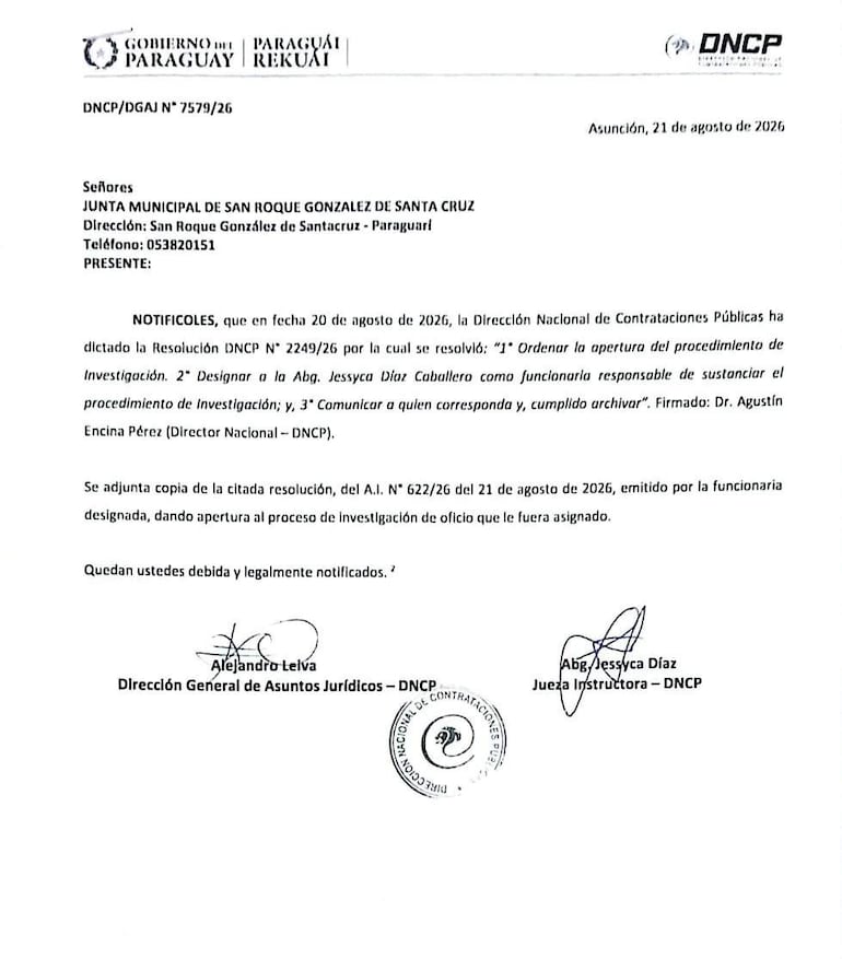 La Dirección Nacional de Contrataciones Públicas (DNCP) notificó a la Junta Municipal de San Roque González la investigación de 12 obras.