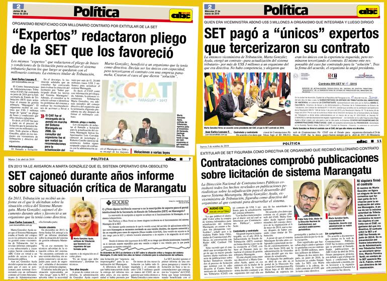 Estas son las publicaciones que generaron la querella de Marta González, extitular de la SET. Ahora ampliará su demanda por haberse publicado que Contrataciones confirmó revelaciones.