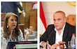 Celeste Amarilla gesticula con una mano frente a un micrófono, mientras un hombre la escucha atento en un entorno legislativo.