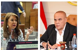 Celeste Amarilla gesticula con una mano frente a un micrófono, mientras un hombre la escucha atento en un entorno legislativo.