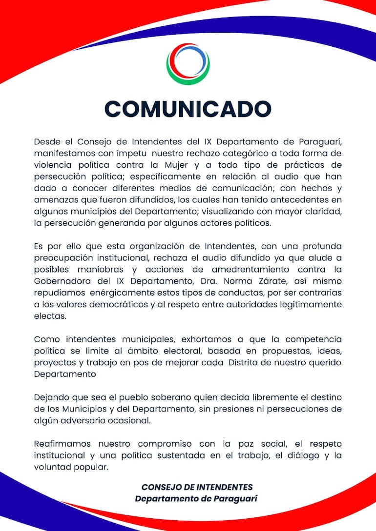 Comunicado del Consejo de Intendentes del IX Departamento de Paraguarí.