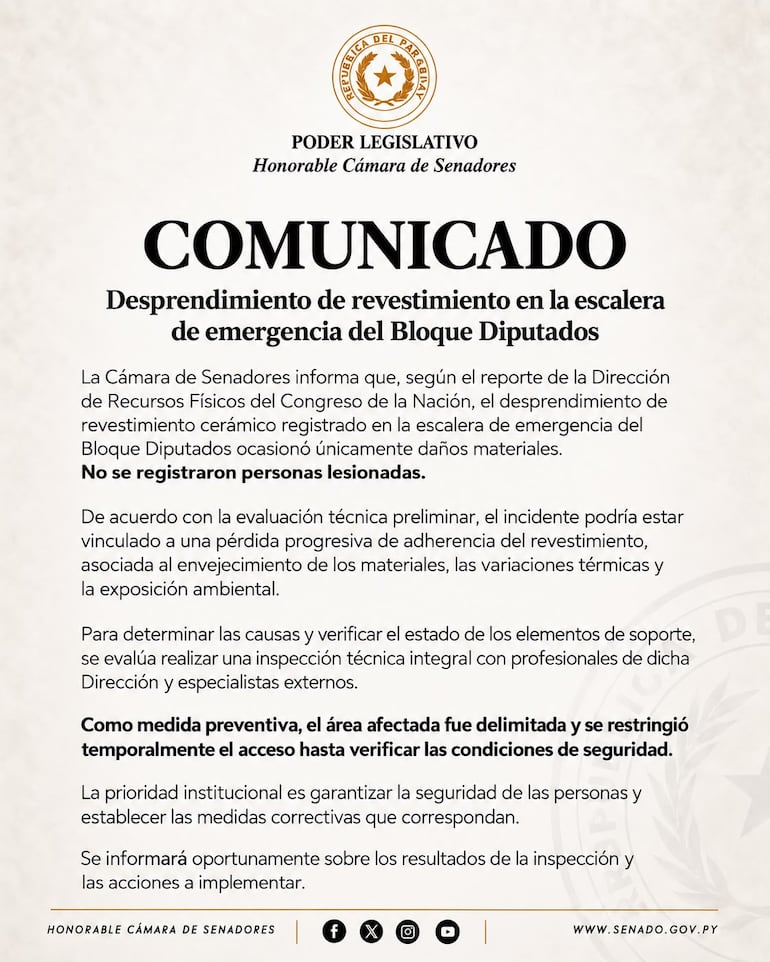 Comunicado oficial sobre el desprendimiento de revestimiento de un sector del Congreso Nacional en la zona del quincho.