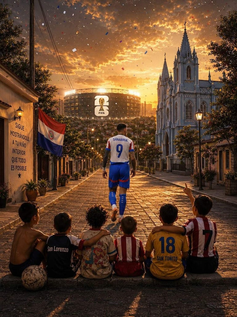 Futbolista Sanabria con camiseta que lo identifica, mientras niños lo siguen sentados en una acera decorada con confeti.