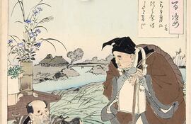 Matsuo Basho (de pie) en una xilografía de Tsukioka Yoshitoshi, finales del siglo XIX.