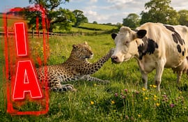 Leopardo acaricia tranquilamente a una vaca. Imagen generada por Inteligencia Artificial.