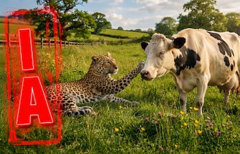 Leopardo acaricia tranquilamente a una vaca. Imagen generada por Inteligencia Artificial.