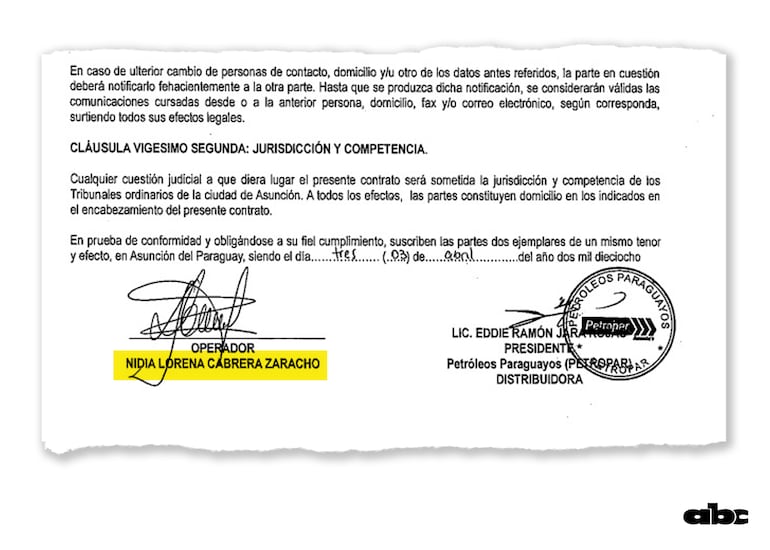 Nidia Lorena Cabrera, exconcejala de Villa Hayes y pareja del senador cartista "Bachi" Núñez, opera un servicentro de Petropar en Villa Hayes. Firmó contrato con Eddie Jara en 2018.