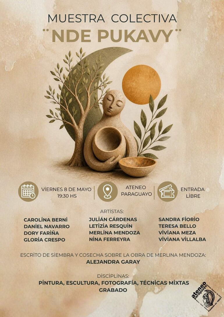 Cartel en colores cálidos que anuncia la muestra 'NDE PUKAVY' en el Ateneo Paraguayo, incluyendo nombres de artistas destacados.