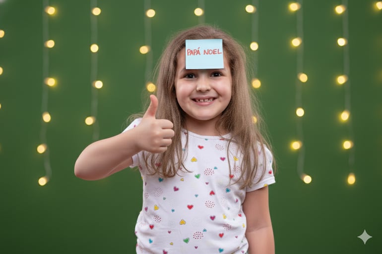 Una niña sonriente lleva en la frente una hoja que dice "Papá Noel".