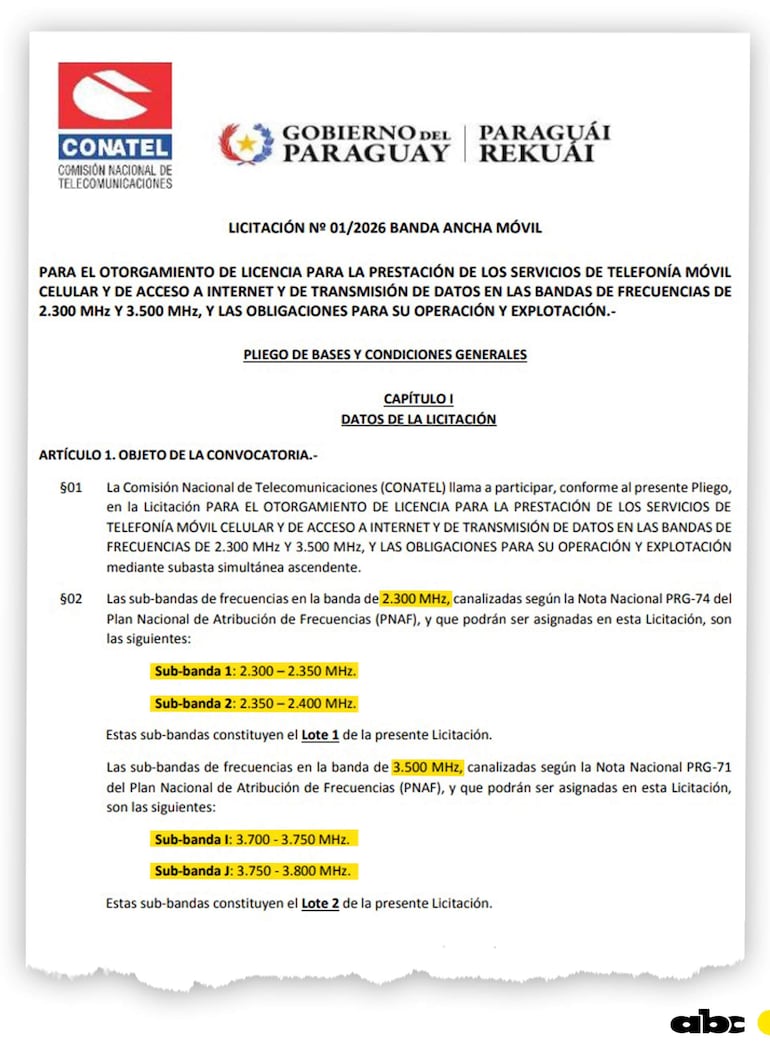 Documento oficial titulado 'Licitación N° 01/2026 Banda Ancha Móvil' de CONATEL, en fondo blanco con texto técnico y formal.