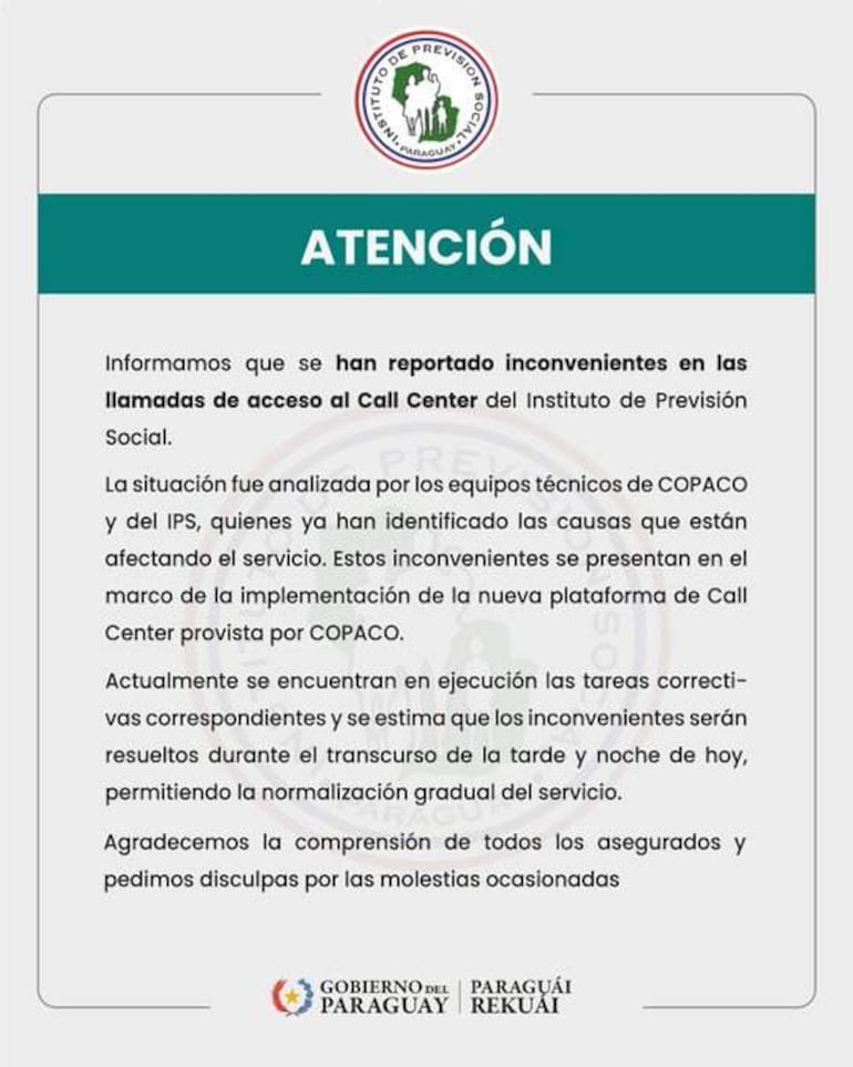 Comunicación oficial del IPS sobre problemas Técnicos en el Call Center, sin presencia de personas ni elementos visuales destacados.