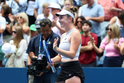 Czech Republic's Linda Noskova celebrates defeating Uktaine's Marta Kostyuk in their women's singles round of 16 tennis match on day eight of the US Open tennis tournament at the USTA Billie Jean King National Tennis Center in New York on September 6, 2026. (Photo by Leonardo MUNOZ / AFP)