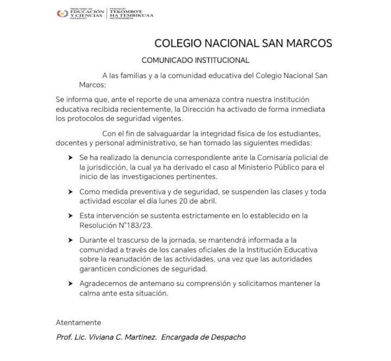 Comunicado institucional del Colegio Nacional San Marcos, con texto sobre amenazas y protocolos de seguridad, firmado por Prof. Lic. Viviana C. Martinez.