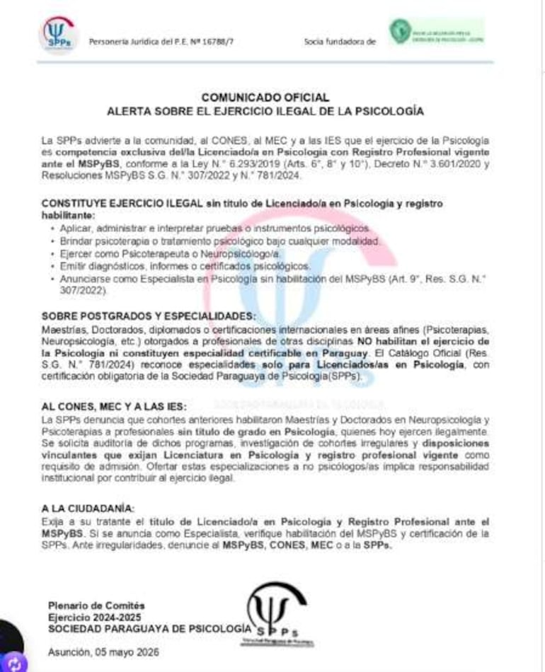 Comunicado oficial sobre la regulación de la psicología en Paraguay, destacando el título y registro profesional requerido.