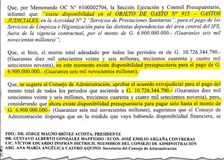 Parte del dictamen elaborado por la Dirección Jurídica del IPS en el cual ya informa sobre la disponibilidad de G. 6.900 millones del rubro “Gastos Judiciales” para pagar al Consorcio Central.