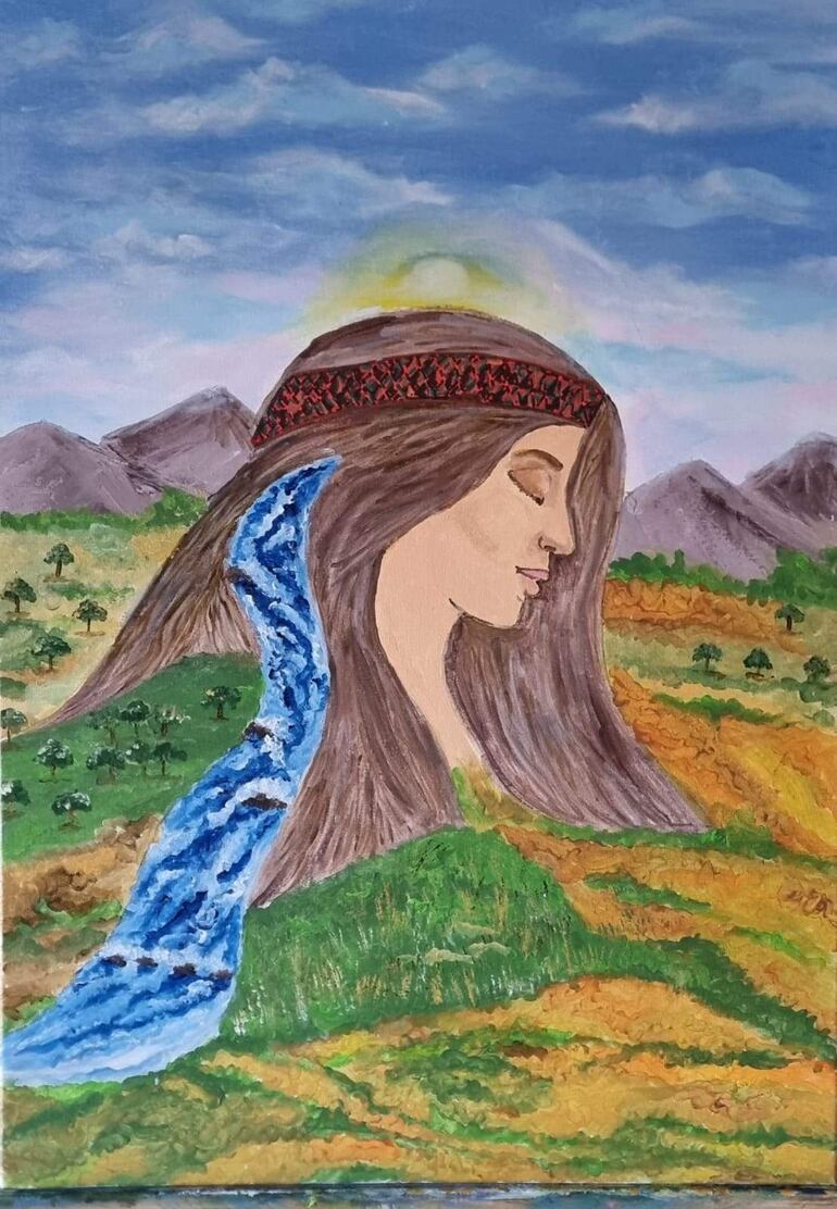 Pintura de perfil femenino con cabello ondulado, fusionado con paisaje natural de montañas y cascada.