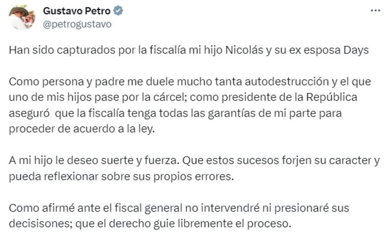 Escrito de Gustavo Petro ante la detención de su hijo.