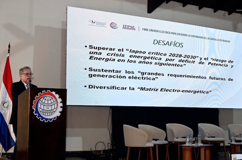 Orador en podio con traje oscuro y gafas, hablando sobre energía eléctrica en un auditorio con sillas vacías y pantalla de fondo.