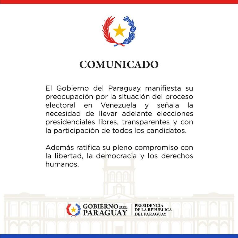 Comunicado del gobierno paraguayo sobre las elecciones en Venezuela.