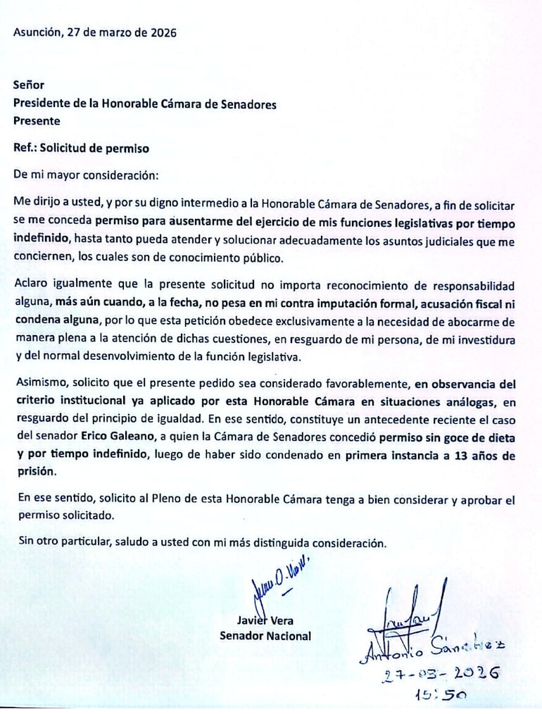 Nota de pedido de permiso por tiempo indefinido del senador Javier Vera "Chaqueñito", del cartismo.