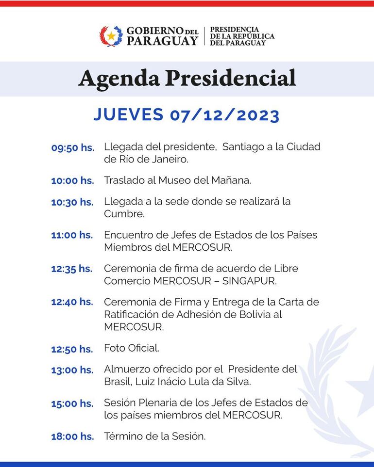 La agenda del presidente Santiago Peña para este jueves.
