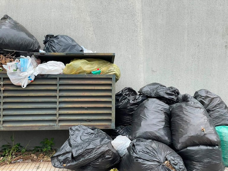 Contenedor de basura desbordante contra una pared gris, lleno de bolsas de diferentes colores, reflejando un entorno descuidado.