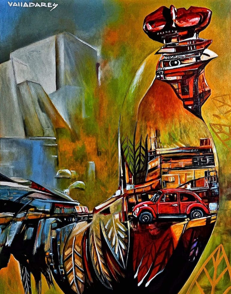 Obra de Valladares presenta un gallo abstracto hecho con objetos cotidianos, en un entorno urbano vibrante.