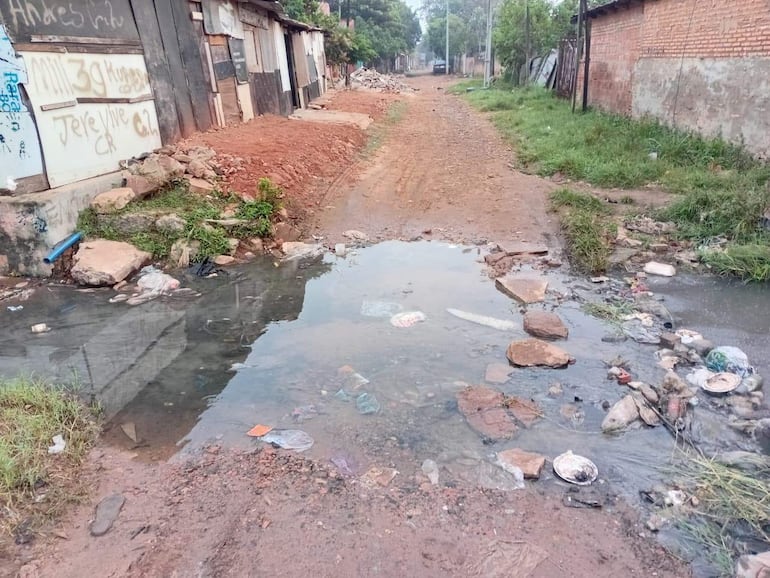 Barrio San Miguel con agua estancada y residuos, casas precarias a ambos lados del camino de tierra.