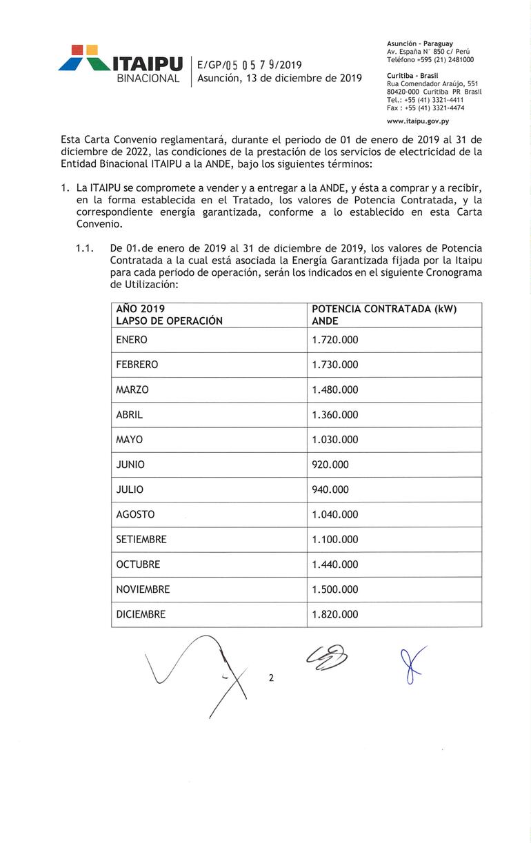 Carta Convenio entre Paraguay y Brasil sobre Itaipú, página 2.