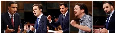 El presidente del Gobierno en funciones, Pedro Sánchez; el líder del PP, Pablo Casado; de Ciudadanos, Albert Rivera; de Podemos, Pablo Iglesias; y de VOX, Santiago Abasca. (EFE)
