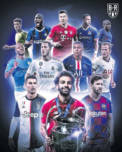 Salah (Liverpool), con la Orejona, escoltado por Cristiano Ronaldo (Juventus), Messi (Barcelona), Sterling (Manchester City), Hazard (Real Madrid), Mbappé (PSG), Keane (Tottenham), Jadon Sancho (Dortmund), Lukaku (Inter), Lewandowski (Bayern), Depay (Lyon) y Kanté (Chelsea).