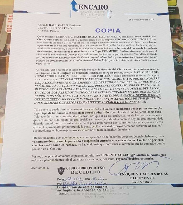 Nota dueño de Palco