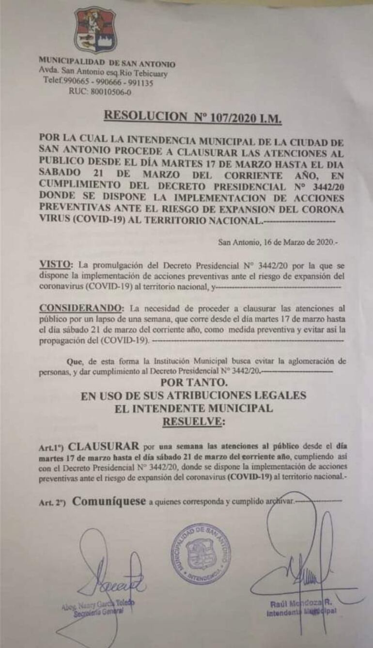 resolución de cierre de la municipalidad de San Antonio por una semana.