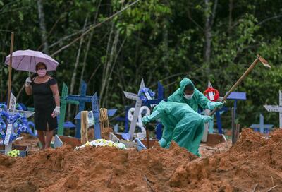 Trabajadores del cementerio Nossa Senhora en Manaus, estado de Amazonas,  sepultan a diario centenares de cuerpos de víctimas del covid-19 en la región.