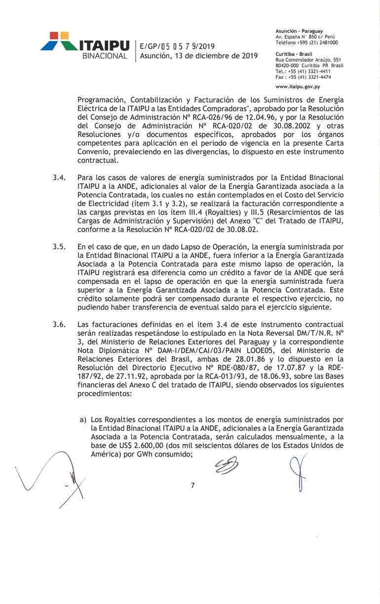 Carta Convenio entre Paraguay y Brasil sobre Itaipú, página 7.